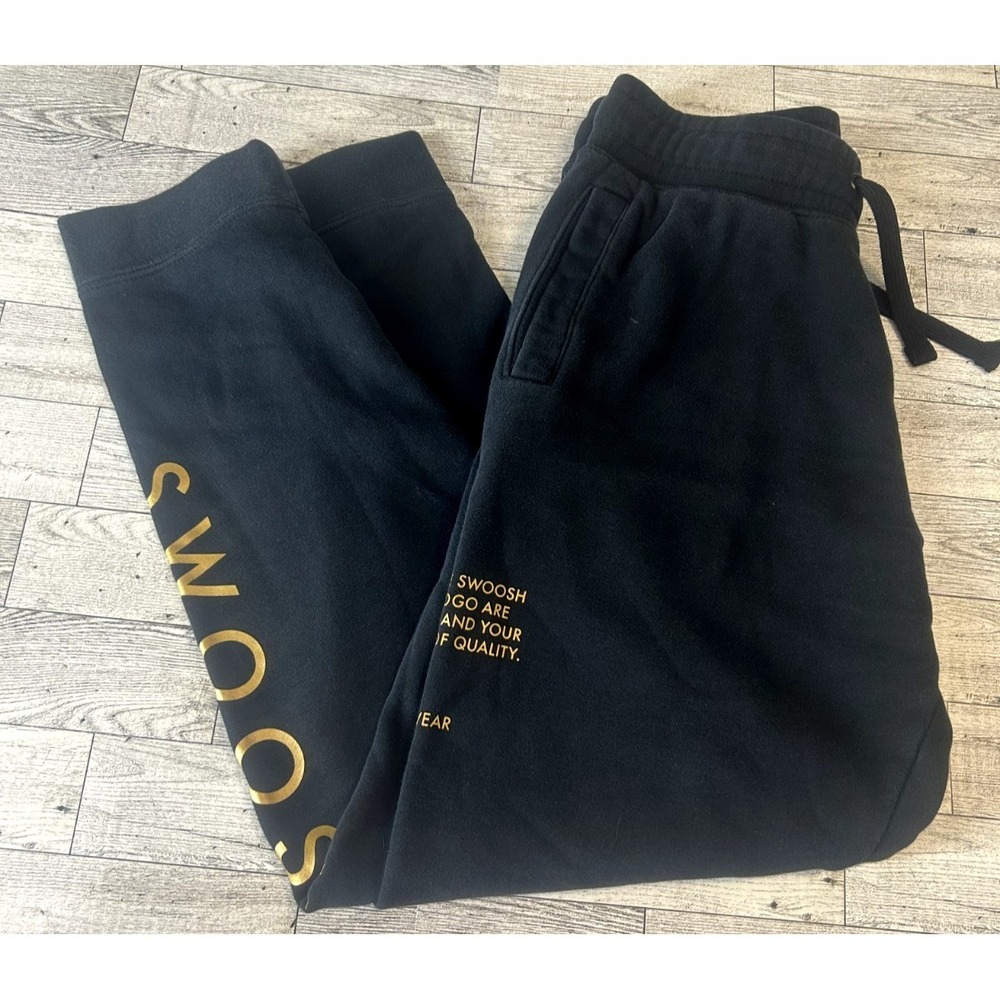 Nike Boys Black Gold Logo Swoosh Fleece Track Sweatpants‎ Drawstring LARGE